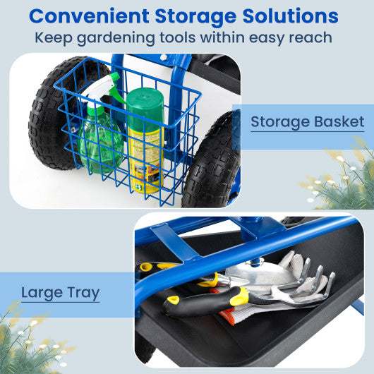 4-Wheel Rolling Garden Cart Work Seat-Blue