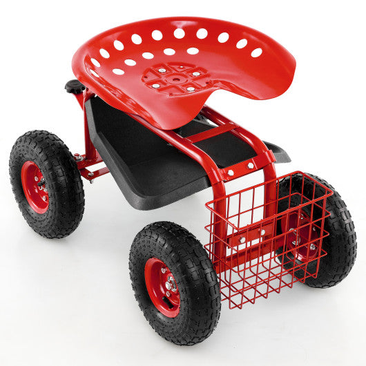 4-Wheel Rolling Garden Cart Work Seat-Red