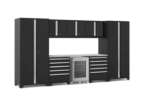 Pro Series 9 Piece Cabinet Set with Wall, Tool Drawer Cabinet, Lockers, and Glass Door Fridge