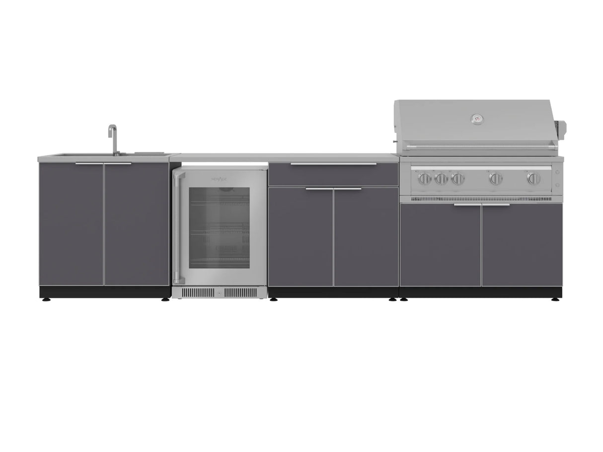 Outdoor Kitchen Aluminum 6 Piece Cabinet Set with Sink, Bar, Grill Cabinet, Platinum Grill, Countertop and Glass Door Fridge