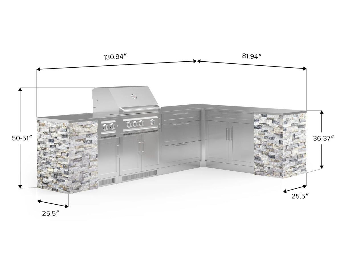 Outdoor Kitchen Signature Series 11 Piece L Shaped Cabinet Set with 3 Drawer, Bar, Dual Side Burner, Grill and Grill Cabinet