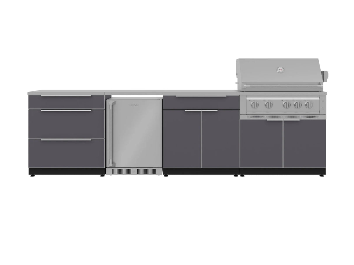 Outdoor Kitchen Aluminum 7 Piece Cabinet Set with 3-Drawer, Bar, Grill Cabinet, Platinum Grill, Countertops and Stainless Steel Door Fridge