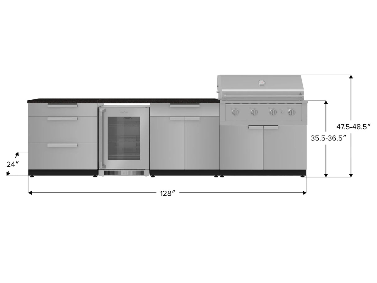 Outdoor Kitchen Stainless Steel 7 Piece Cabinet Set with 3-Drawer, Bar, Grill Cabinet, Performance Grill, Countertops, and Glass Door Fridge