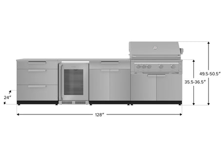 Outdoor Kitchen Stainless Steel 7 Piece Cabinet Set with 3-Drawer, Bar, Grill Cabinet, Platinum Grill, Countertop, and Glass Door Fridge