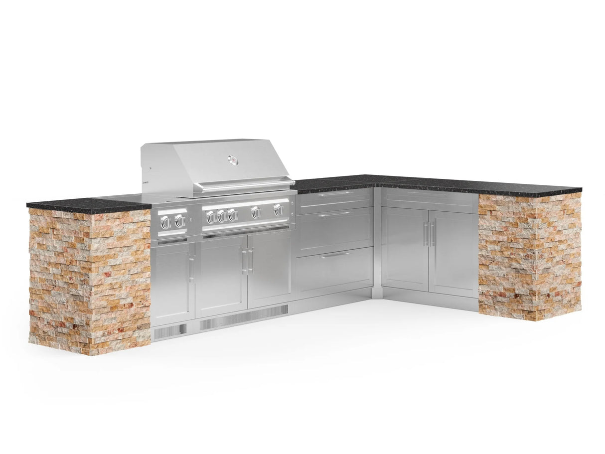 Outdoor Kitchen Signature Series 11 Piece L Shaped Cabinet Set with 3 Drawer, Bar, Dual Side Burner, Grill and Grill Cabinet