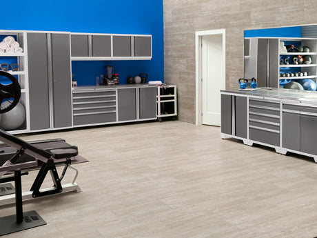 Pro Series 9 Piece Cabinet Set with Wall, Base, Tool Drawer Cabinet, 56 In. Integrated Shelf and 112 In. Worktop