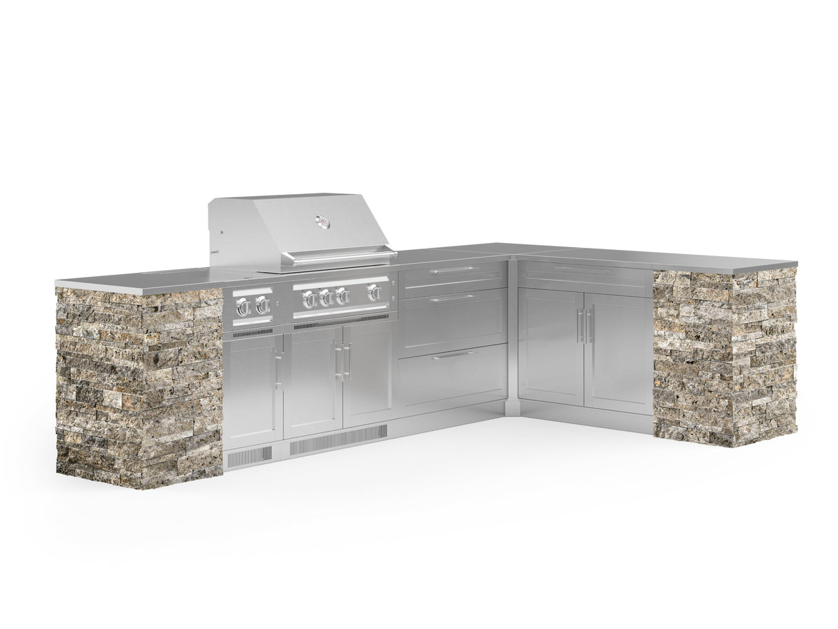 Outdoor Kitchen Signature Series 11 Piece L Shaped Cabinet Set with 3 Drawer, Bar, Dual Side Burner, Grill and Grill Cabinet