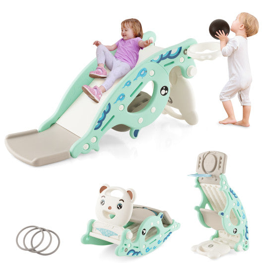 4-in-1 Kids Slide Rocking Horse with Basketball and Ring Toss-Green
