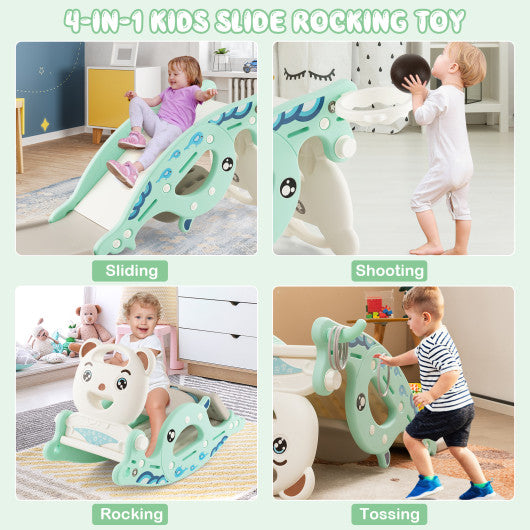 4-in-1 Kids Slide Rocking Horse with Basketball and Ring Toss-Green