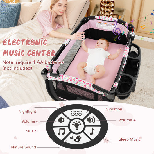 4 in 1 Portable Pack and Play Baby Nursery Center with Bassinet-Pink
