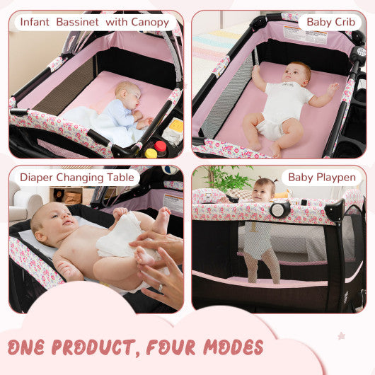 4 in 1 Portable Pack and Play Baby Nursery Center with Bassinet-Pink