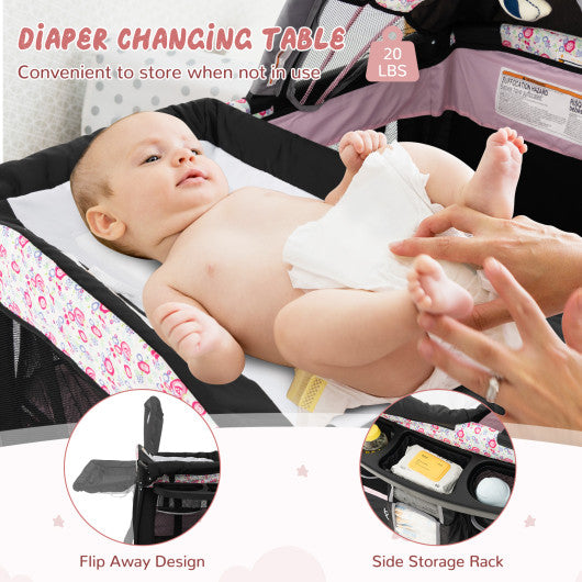 4 in 1 Portable Pack and Play Baby Nursery Center with Bassinet-Pink