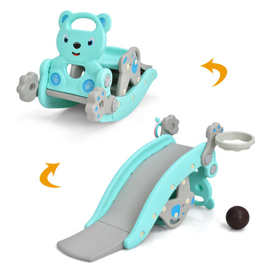 4-in-1 Toddler Slide and Rocking Horse Playset with Basketball Hoop-Blue