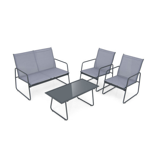 4 Pieces of Metal Patio Furniture Chat Set with Tempered Glass Coffee Table