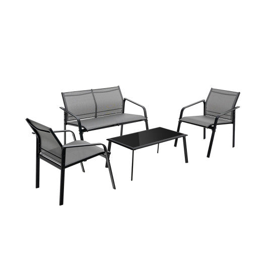4 Pieces Patio Furniture Set with Armrest Loveseat Sofas and Glass Table Deck-Gray