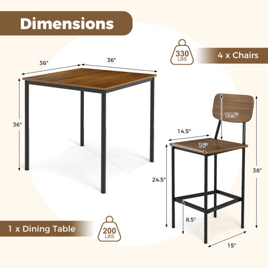 5-Piece Industrial Dining Table Set with Counter Height Table and 4 Bar Stools-Teak