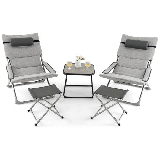 5-Piece Patio Sling Chair Set Folding Lounge Chairs with Footrests and Coffee Table-Gray