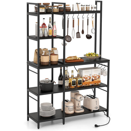 5-Tier Bakers Rack with Power Outlets and 10 S-Shaped Hooks-Black