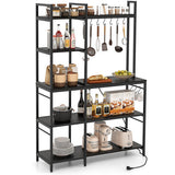 5-Tier Bakers Rack with Power Outlets and 10 S-Shaped Hooks-Black
