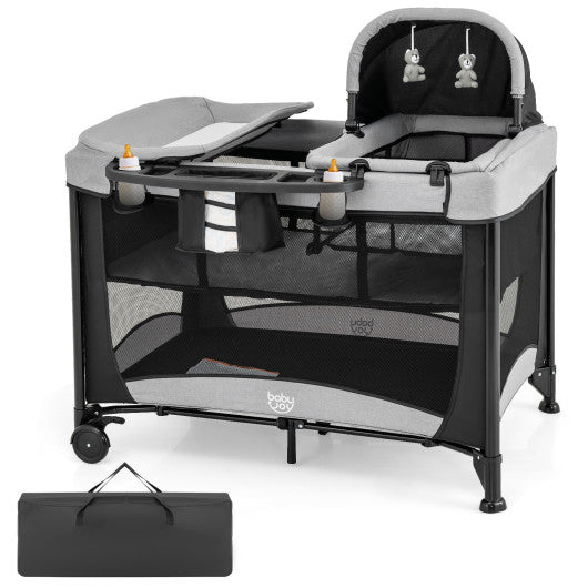 5-in-1 Portable Baby Playard with Cradle and Storage Basket-Black