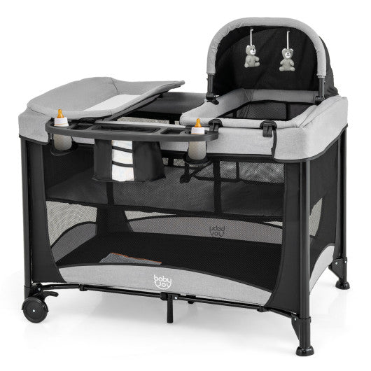 5-in-1 Portable Baby Playard with Cradle and Storage Basket-Black