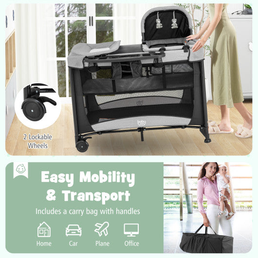 5-in-1 Portable Baby Playard with Cradle and Storage Basket-Black