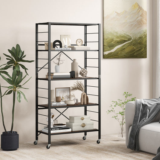 5-Tier Foldable Shelving Unit with Detachable Wheels and Anti-Toppling System-Black