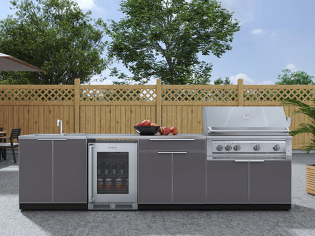 Outdoor Kitchen Aluminum 6 Piece Cabinet Set with Sink, Bar, Grill Cabinet, Platinum Grill, Countertop and Glass Door Fridge