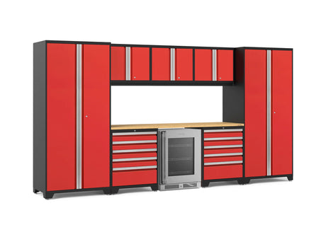 Pro Series 9 Piece Cabinet Set with Wall, Tool Drawer Cabinet, Lockers, and Glass Door Fridge