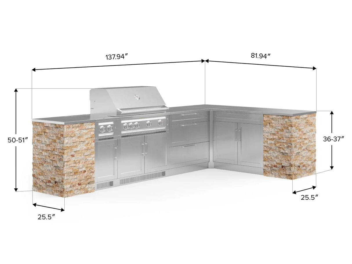 Outdoor Kitchen Signature Series 11 Piece L Shaped Cabinet Set with 3 Drawer, Bar, Dual Side Burner, Grill and Grill Cabinet