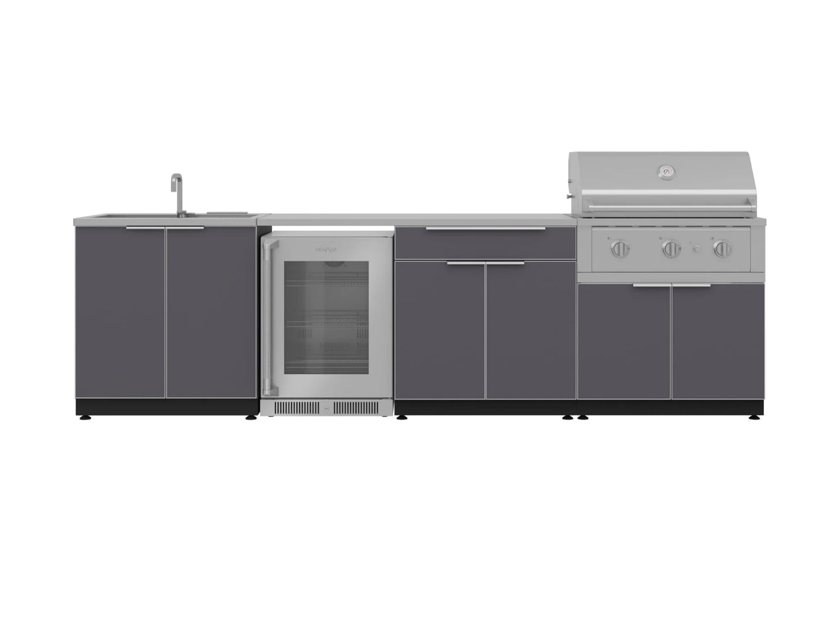 Outdoor Kitchen Aluminum 6 Piece Cabinet Set with Sink, Bar, Grill Cabinet, Performance Grill, Countertop and Glass Door Fridge