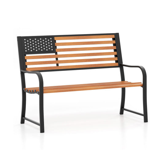 50 Inch Outdoor Garden Bench with Flag Pattern Backrest and Rustic Wood Grain Finish-Brown