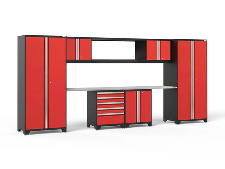 Pro Series 9 Piece Cabinet Set with Wall, Base, Tool Drawer Cabinet, 56 In. Integrated Shelf and 112 In. Worktop