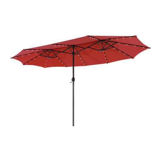 15 Feet Twin Patio Umbrella with 48 Solar LED Lights-Dark Red