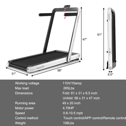 4.75HP 2 In 1 Folding Treadmill with Remote APP Control-White