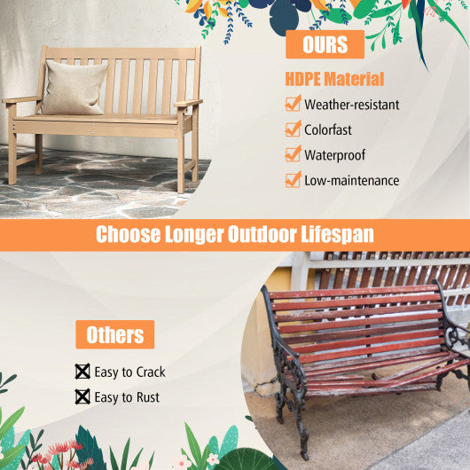 52 Inch All-Weather HDPE Outdoor Bench with Backrest and Armrests-Teak