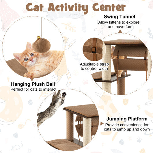 53 Inch Cat Tree with Condo and Swing Tunnel-Brown