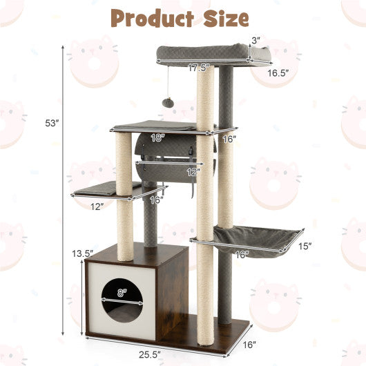 53 Inch Cat Tree with Condo and Swing Tunnel-Gray