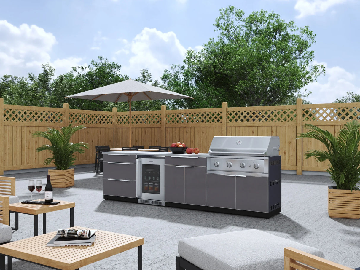 Outdoor Kitchen Aluminum 7 Piece Cabinet Set with 3-Drawer, Bar, Grill Cabinet, Performance Grill, Countertops and Glass Door Fridge