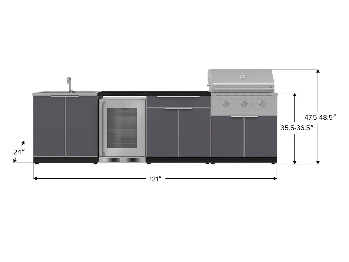 Outdoor Kitchen Aluminum 6 Piece Cabinet Set with Sink, Bar, Grill Cabinet, Performance Grill, Countertop and Glass Door Fridge