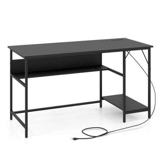 55 Inch Computer Desk with 4 Power Outlets and CPU Stand-Black