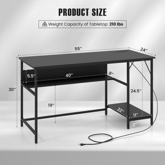 55 Inch Computer Desk with 4 Power Outlets and CPU Stand-Black