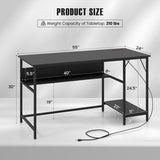 55 Inch Computer Desk with 4 Power Outlets and CPU Stand-Black
