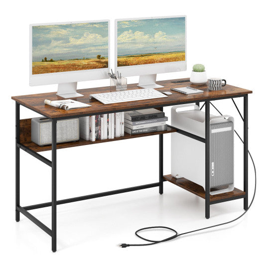 55 Inch Computer Desk with 4 Power Outlets and CPU Stand-Rustic Brown