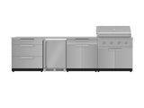 Outdoor Kitchen Stainless Steel 7 Piece Cabinet Set with 3-Drawer, Bar, Grill Cabinet, Performance Grill, Countertop, and Stainless Steel Door Fridge