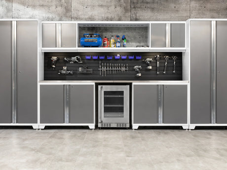 Pro Series 9 Piece Cabinet Set with Wall, Tool Drawer Cabinet, Lockers, and Glass Door Fridge