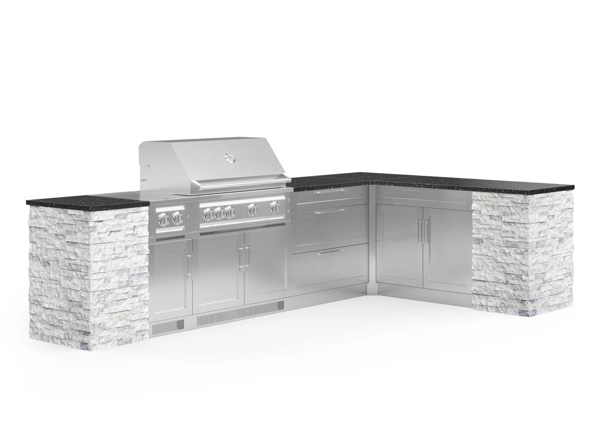 Outdoor Kitchen Signature Series 11 Piece L Shaped Cabinet Set with 3 Drawer, Bar, Dual Side Burner, Grill and Grill Cabinet