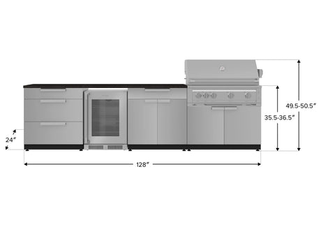 Outdoor Kitchen Stainless Steel 7 Piece Cabinet Set with 3-Drawer, Bar, Grill Cabinet, Platinum Grill, Countertop, and Glass Door Fridge