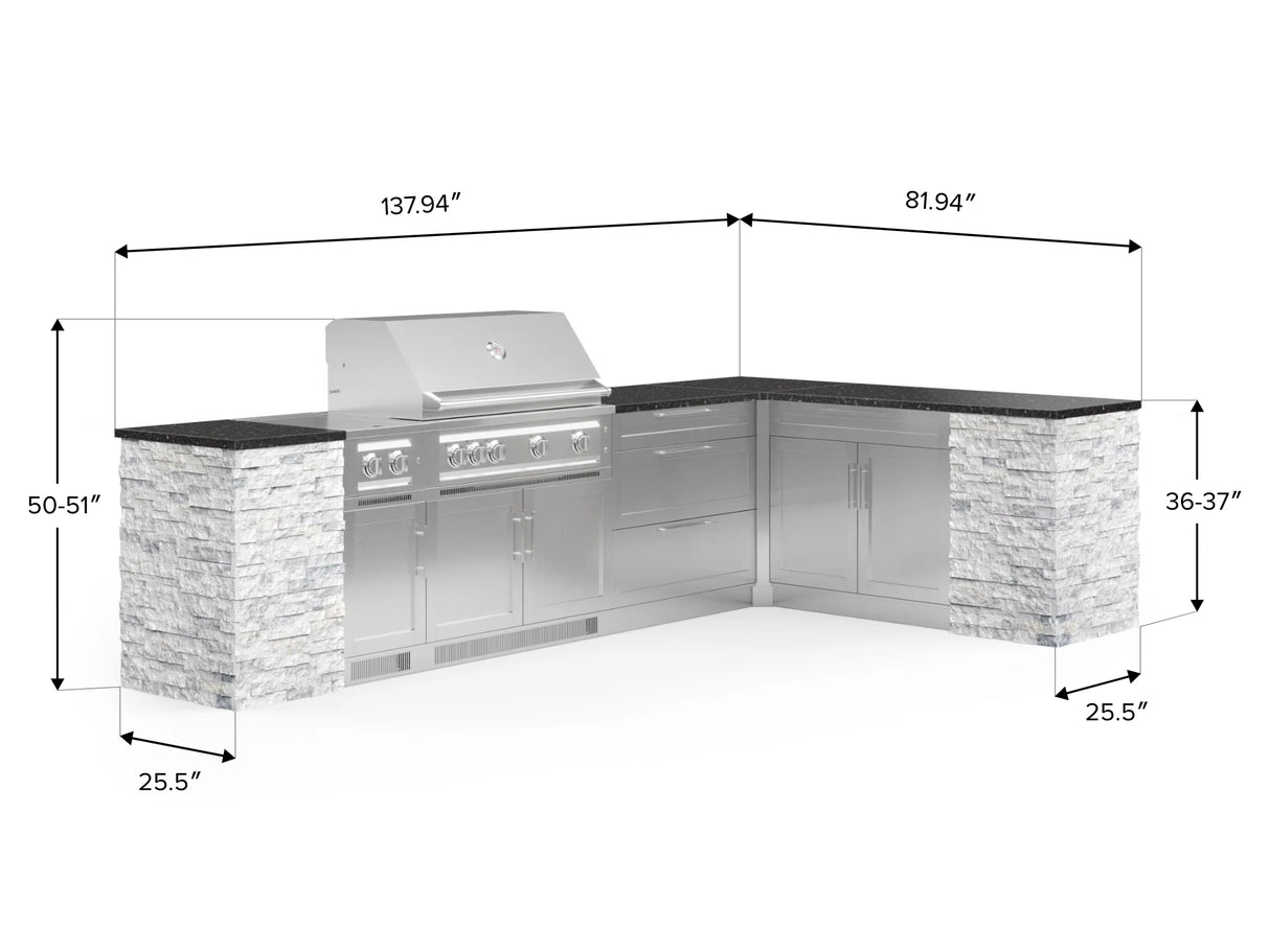 Outdoor Kitchen Signature Series 11 Piece L Shaped Cabinet Set with 3 Drawer, Bar, Dual Side Burner, Grill and Grill Cabinet