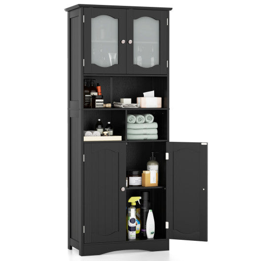 58.5 Inch Freestanding Linen Bathroom Storage Cabinet with Frost Glass Doors-Black